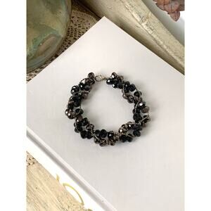 Vintage Smoky Faceted Beaded Bracelet Multi Strand Dark Crystal Glass Statement